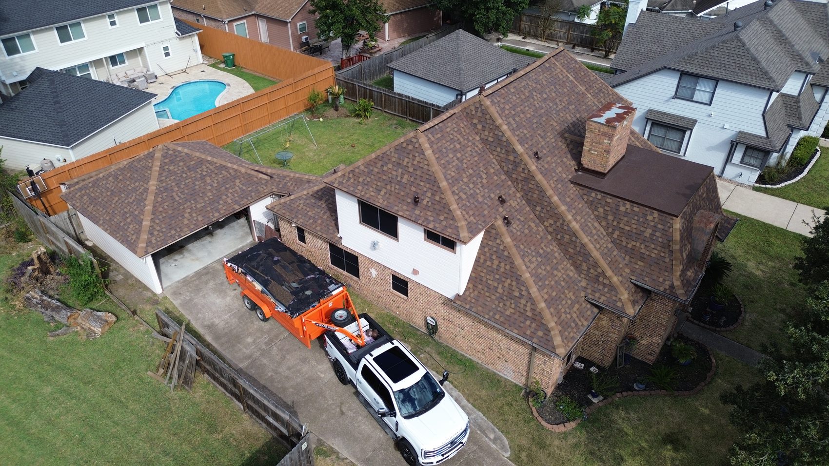 Aerial inspection view of a Fort Bend roof